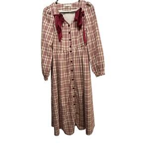 Marked Queen Women's Pink Red Plaid Print Button Front Midi Dress Size Small